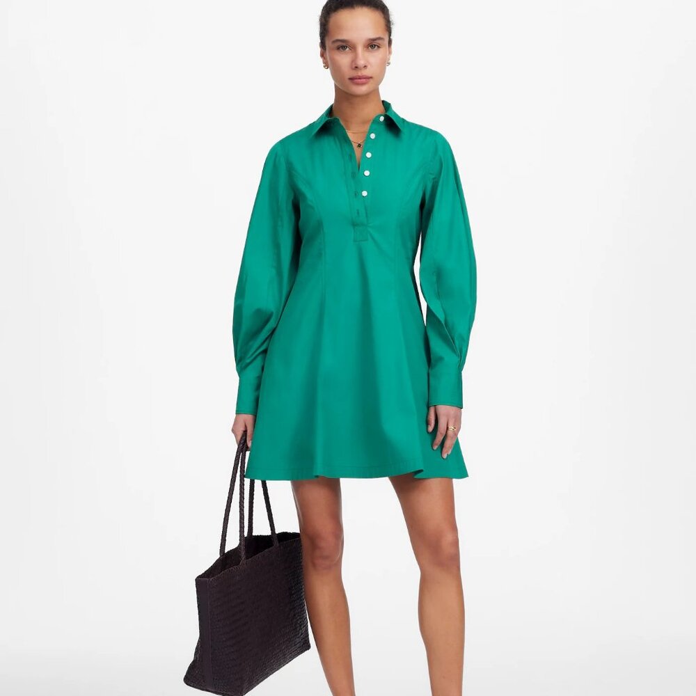 Madewell Seamed Long-Sleeve Mini Shirtdress in Poplin in Verdant Green